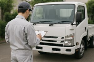 トラック買取のために査定をしているスタッフ