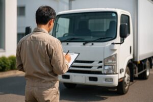 トラック買取のために査定をしている様子